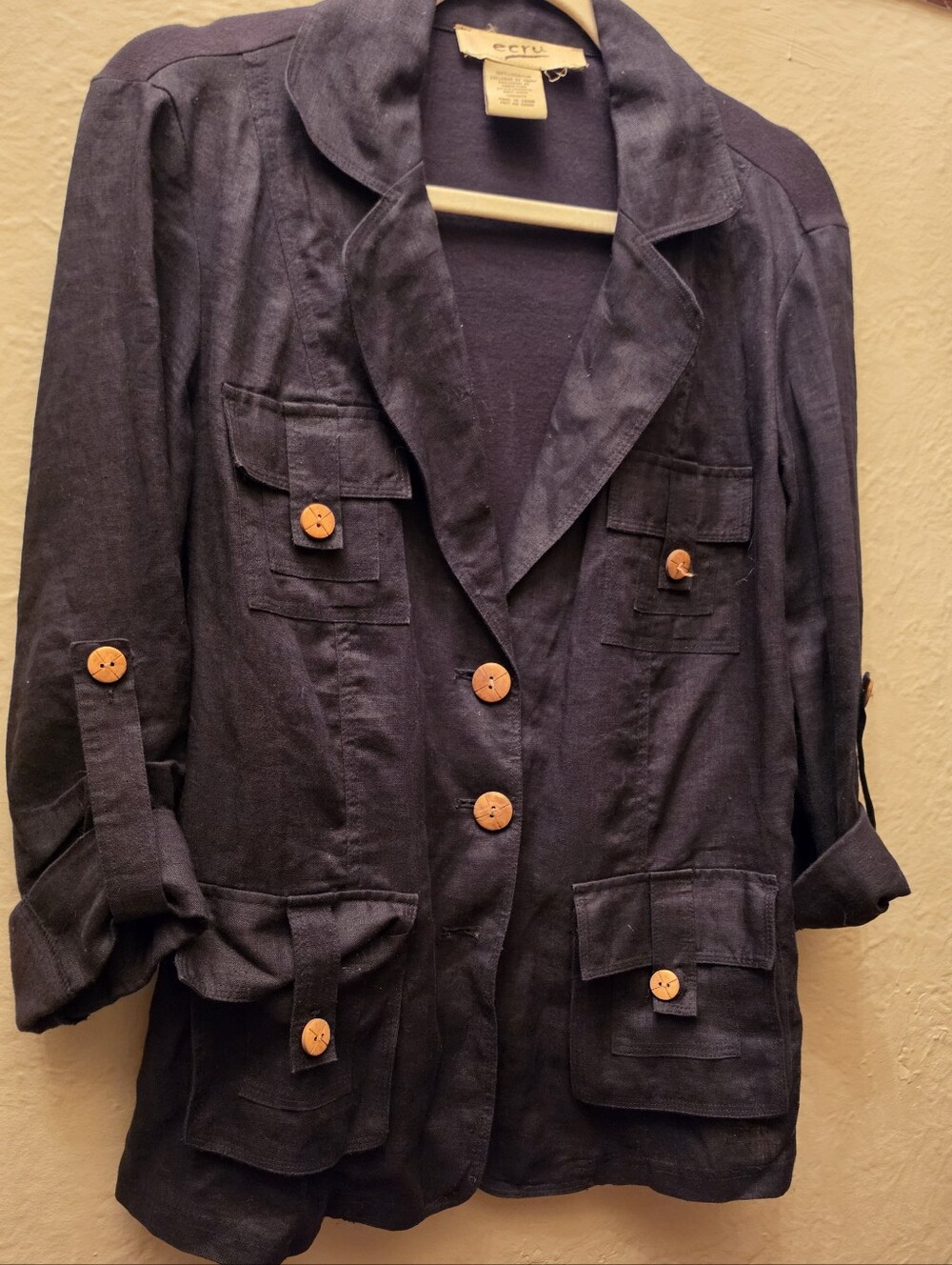 100% Linen Utility Jacket Black  Button Front Blazer Small/Medium Ecru